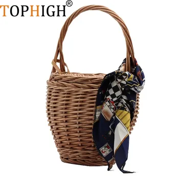 TOPHIGH Borsa a mano intrecciata in vimini di bambù Borse a cestino per le donne 2025 Borsa da spiaggia estiva di moda Vendita calda Molto bella Tote Bolsos