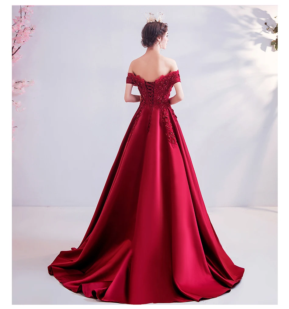 SSYFashion Новое атласное вечернее платье, для банкета элегантное бордовое кружевной вырез лодочкой с аппликацией из пайеток роскошное торжественное платье Robe De Soiree