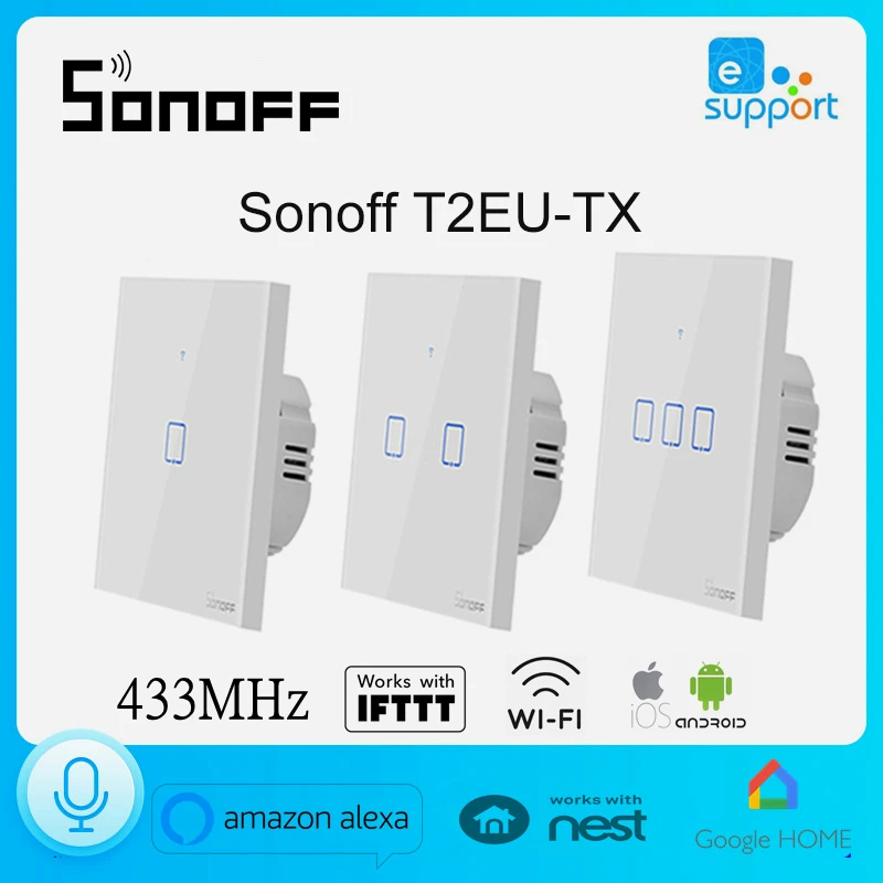 Sonoff-interruptor de pared inteligente T2 EU, 1, 2, 3 entradas, WiFi,  Panel de luz, temporizador, RF, aplicación, Control remoto táctil,  automatización del hogar, Google Nest, Alexa