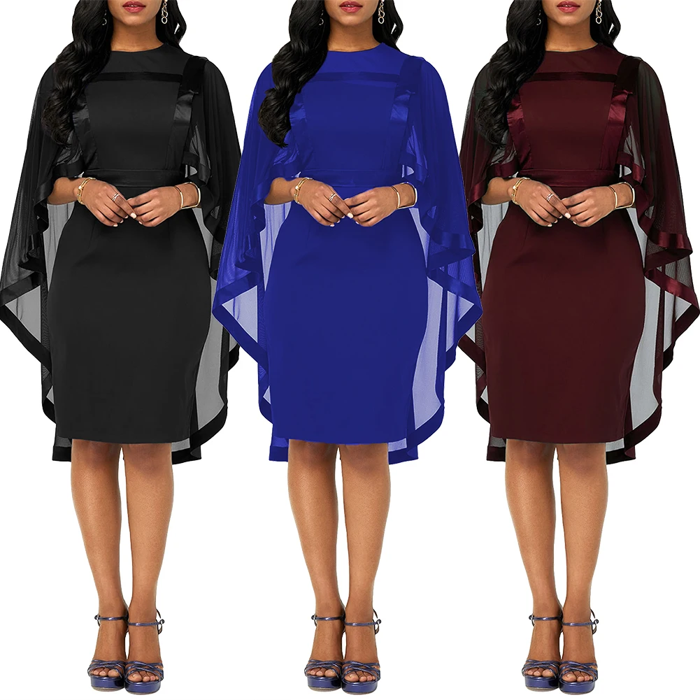 Conjunto de vestidos a la moda de Color sólido para mujer, capa de malla  con cuello redondo, vestidos de cóctel, capa de fiesta, vestido hasta la  rodilla, capas y ponchos - AliExpress
