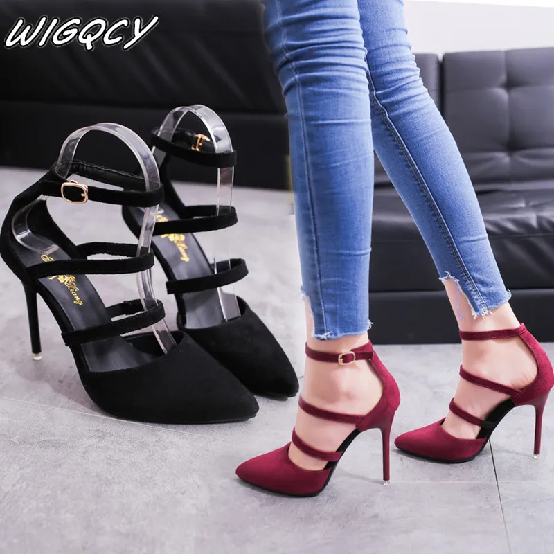 2019 Female high heels pointed high-heeled shoes with thin shallow mouth buckle with women's shoes suede leg banding shoes