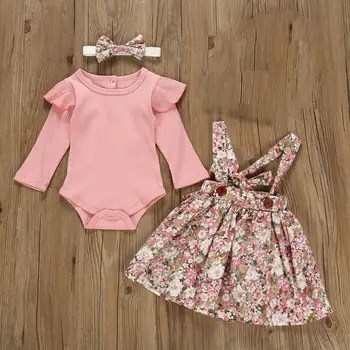 

3Pcs Newest Baby Girl Clothes Sets Pink Romper+Strap Dress +Headbands Floral Print Newborn Clothes Outfit Infant Clothing Set