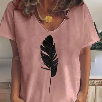 

Womens T Shirts Fashion Feather Printed Short Sleeve T-shirts V-Neck Casual Loose Tees Tops 2020 Summer Plus Size Tshirts M-3XL