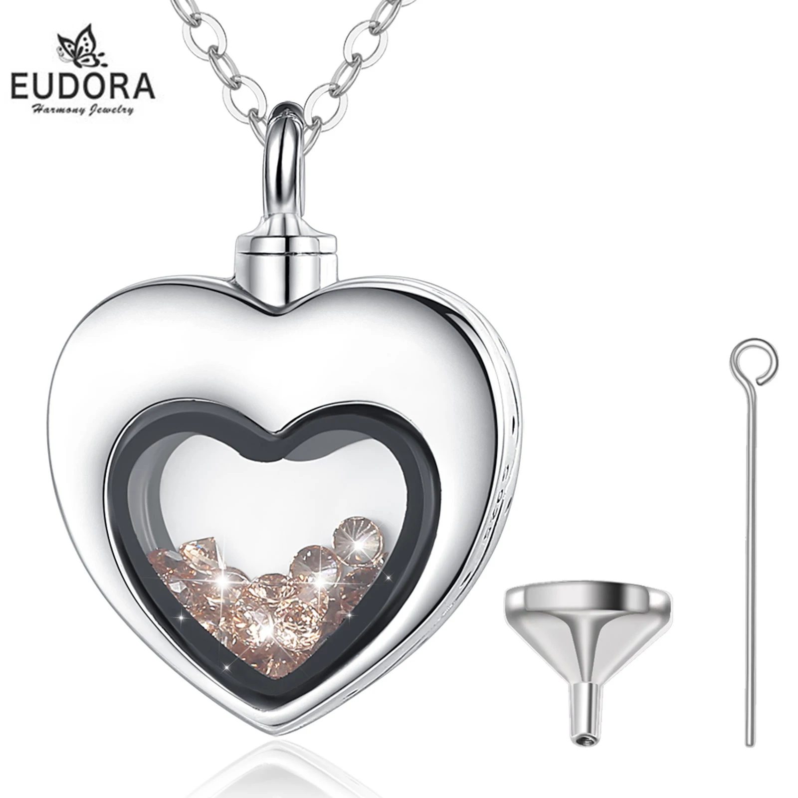 Herz-Flacon oder Urne mit bunten floating Diamonds, befüllbar | 925 Silber Medaillons