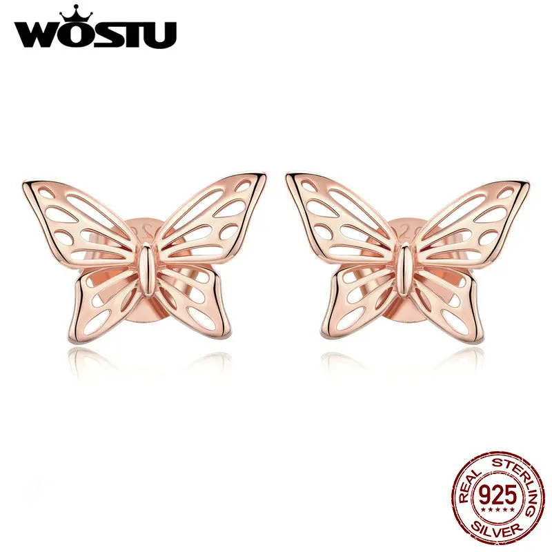 WOSTU модные новые 925 пробы серебряные ажурные серьги-гвоздики с бабочкой для женщин и девушек S925 серебряные ювелирные изделия, подарок CQE452