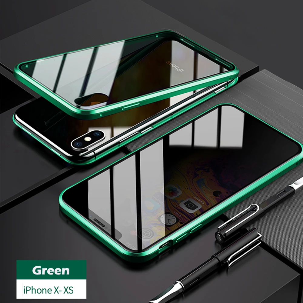 Анти-открытый Магнитный чехол для телефона Адсорбция металлический мобильный чехол для iPhone X XS MAX XR 7 8 Plus Чехлы закаленное стекло - Цвет: for iPhoneX XS green