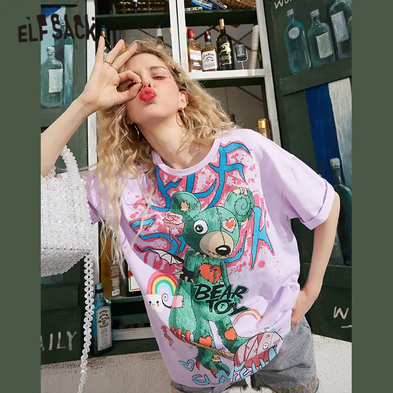 Женская Яркая футболка ELFSACK фиолетовая Свободная Повседневная с графическим