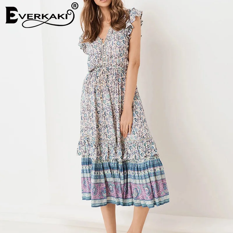 

Everkaki Boho Floral Print Long Dress Women Sashes Adjustable Waist V Neck Gypsy Ladies Maxi Dresses Female 2019 Autumn New