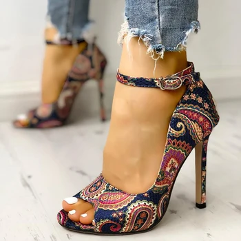 

New Shoes Woman High Heels Printing Women Pumps Peep Toe Women Heels Sandals Women Shoes Buckle Extreme High Heels Plus Size 43