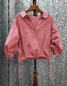 

2020 Early Spring New Women's Small Lapel V Collar Plaid Decoration Wild Blouse Shirt 407