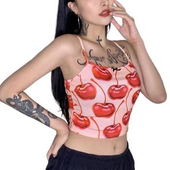 

Women Backless Cherry Print Tank Tops Vest Top Summer Fashion Sleeveless Crop Top /BY