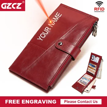 

GZCZ Free Engrave New Clutch Wallet Women Genuine Leather Long Coin Purse Portomonee Clamp For Phone Bag Card Holder Handy RFID