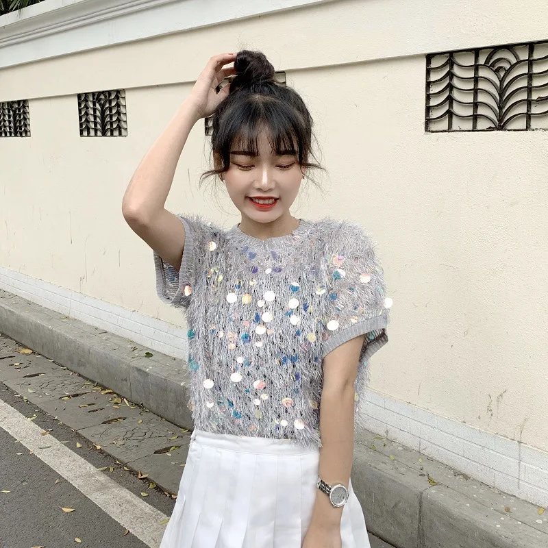 

Photo Shoot 2019 Summer New Style Sweet Elegant Tassels Craft Sequin Versatile Short Sleeve T-shirt