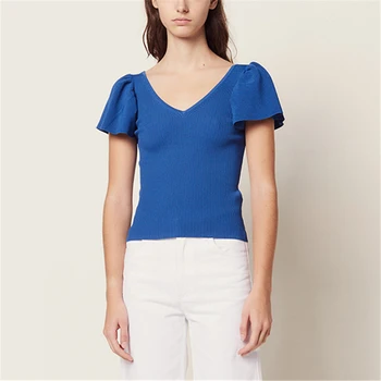 

Runway Casual Tees Lace Up Short Sleeve Knitted Women T-Shirt Summer Holiday Bodycon Tops Female Backless V-Neck Ruffles Tshirt