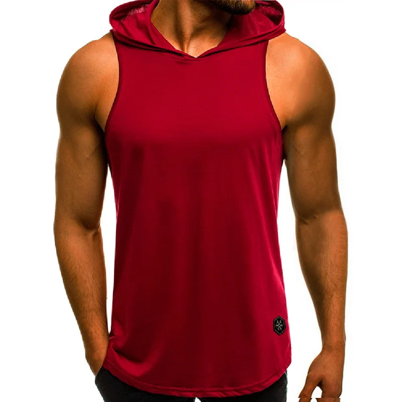 Модный красивый популярный летний мужской жилет без рукавов с капюшоном, повседневный облегающий дышащий спортивный пуловер для фитнеса, бодибилдинга - Цвет: win red  B1