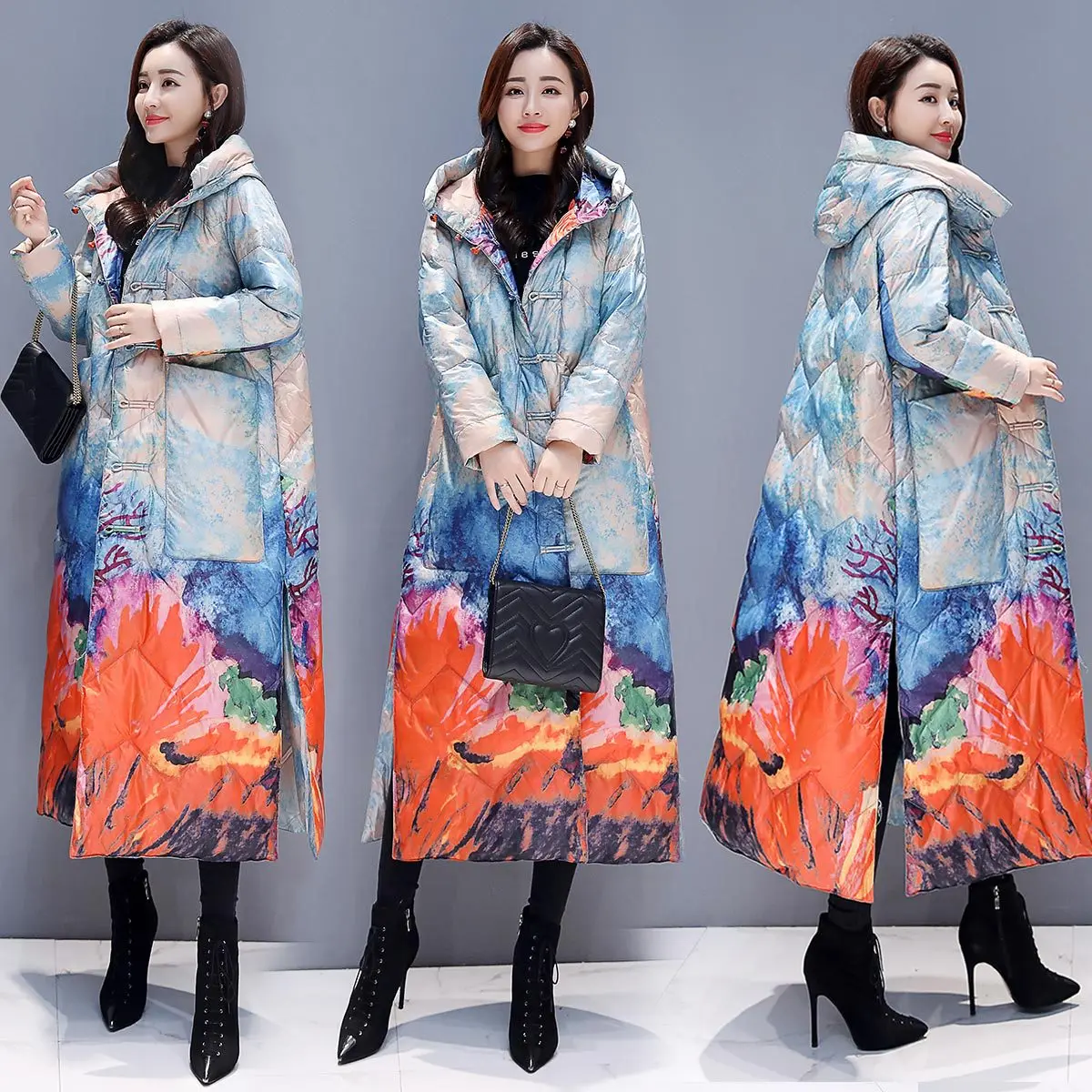 

2018 Winter New Style Loose Cotton Overcoat National Wind Retro Printed Frog Large Size Mid-length down Jacket Cotton-padded Clo