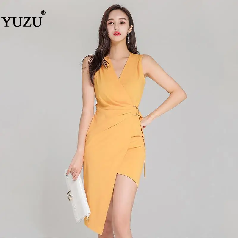 

Off Ice Women Yellow V-neck Irregular Hem Summer Sleeveless Dress Buckle Lacing Up Waist Tank Solid Knee-length Dresses