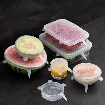 

6pc Silicone Fresh-keeping Lids Transparent Elastic Stretch Food Sealing Cover Kitchen Reusable Protective Film Round Teacup Lid