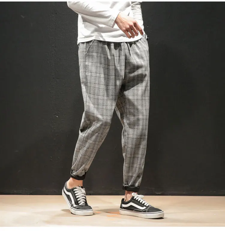 Kapments japonês streetwear xadrez calças dos homens