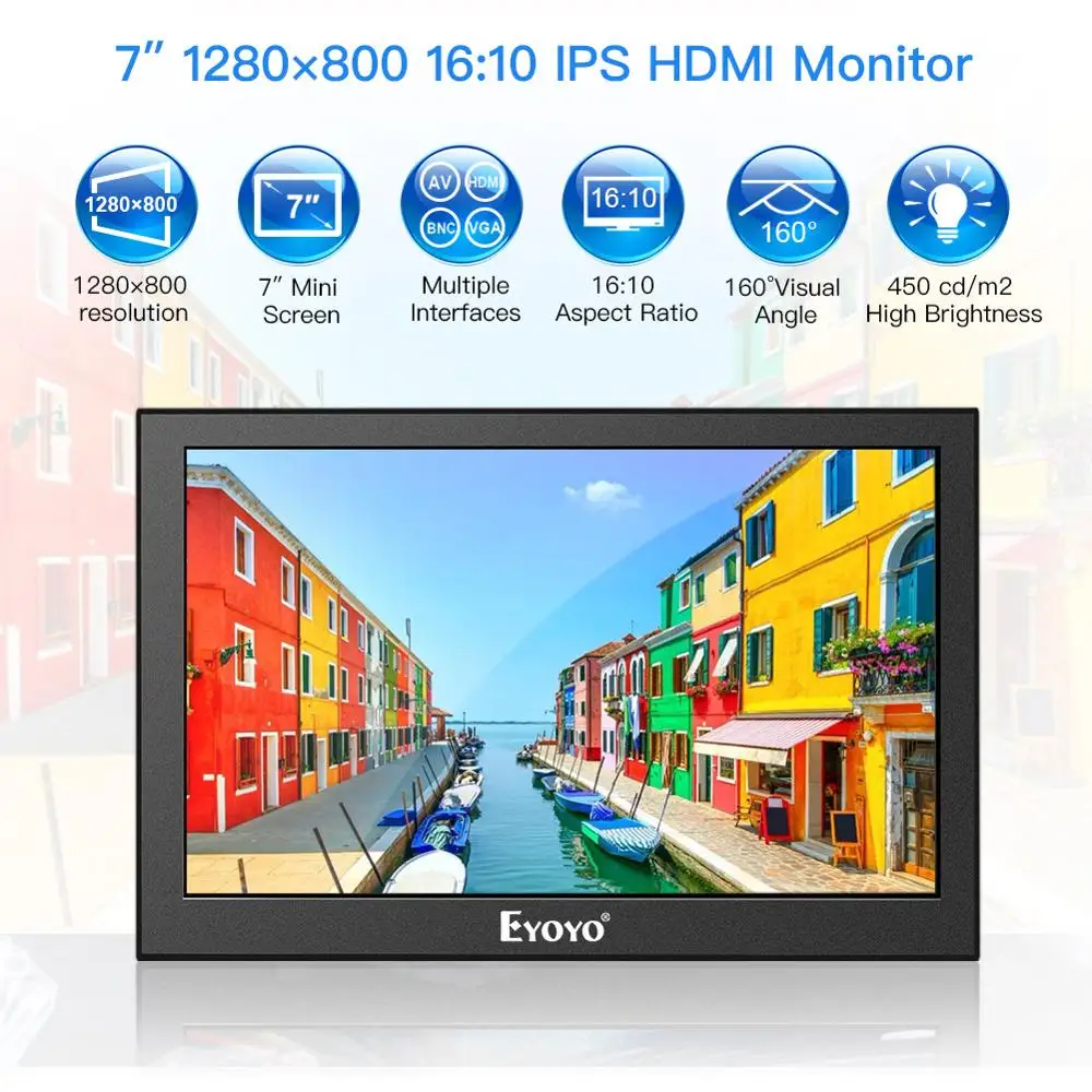 Eyoyo EM07H 7 Inch Mini IPS 1280x800 LCD Monitor PC Computer Screen HDMI industrial Security Screen Display With VGA AV BNC