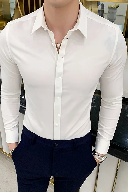 Мода Camisa Masculina Осенние новые мужские рубашки с длинными рукавами Высококачественная Однотонная рубашка-смокинг мужская рубашка в полоску 4XL