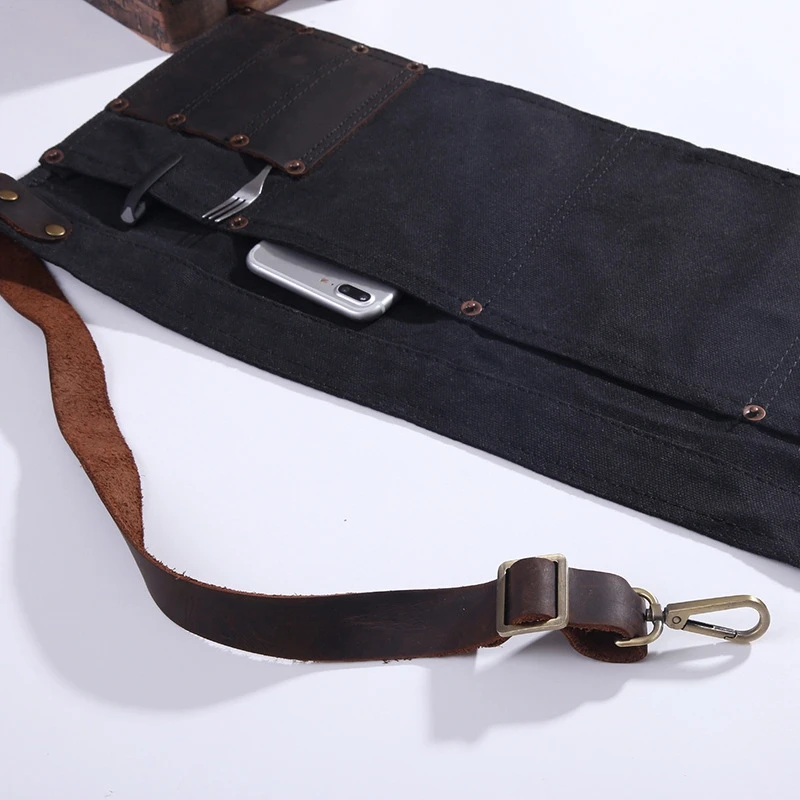 Multi Pocket Apron for Women Real Leather Canvas Half Apron Pocket Waitress Teacher Vendor Utility Server Cosmetic Apron