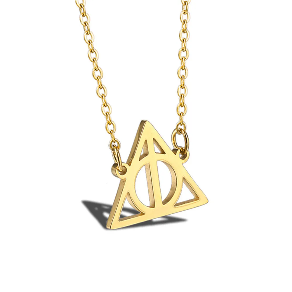 

Women Necklace Stainless Steel Gold Chain Jewelry Accessories Triangle Inspired Deathly Hallows Movie Potter Pendant Necklaces