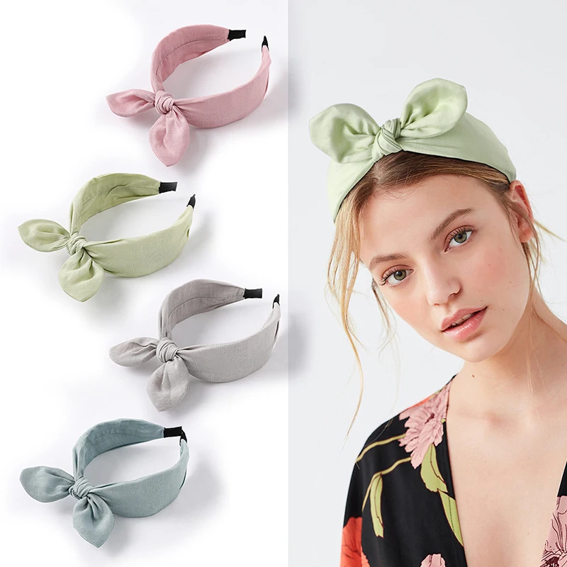 

Rabbit Ears Headband Cloth Fabric Solid Color Bow Cross Wide-brimmed Head Hoop Sweet Girls Hair Accessories Lady Hair Band