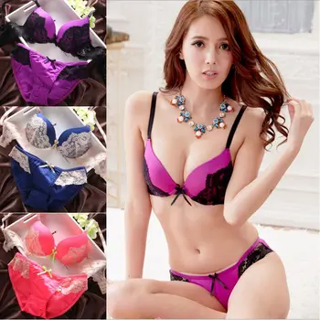 

X Women Padded Push Up Underwire Patchwork Bra Set Embroidered Lace Sexy Stitching Color Gathered Back Closure Bra Briefs