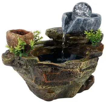 

LED Rockery Resin Water Fountain DIY Plants Micro Landscape Potted Succulents Home Decoration EU Pulg 220‑240V