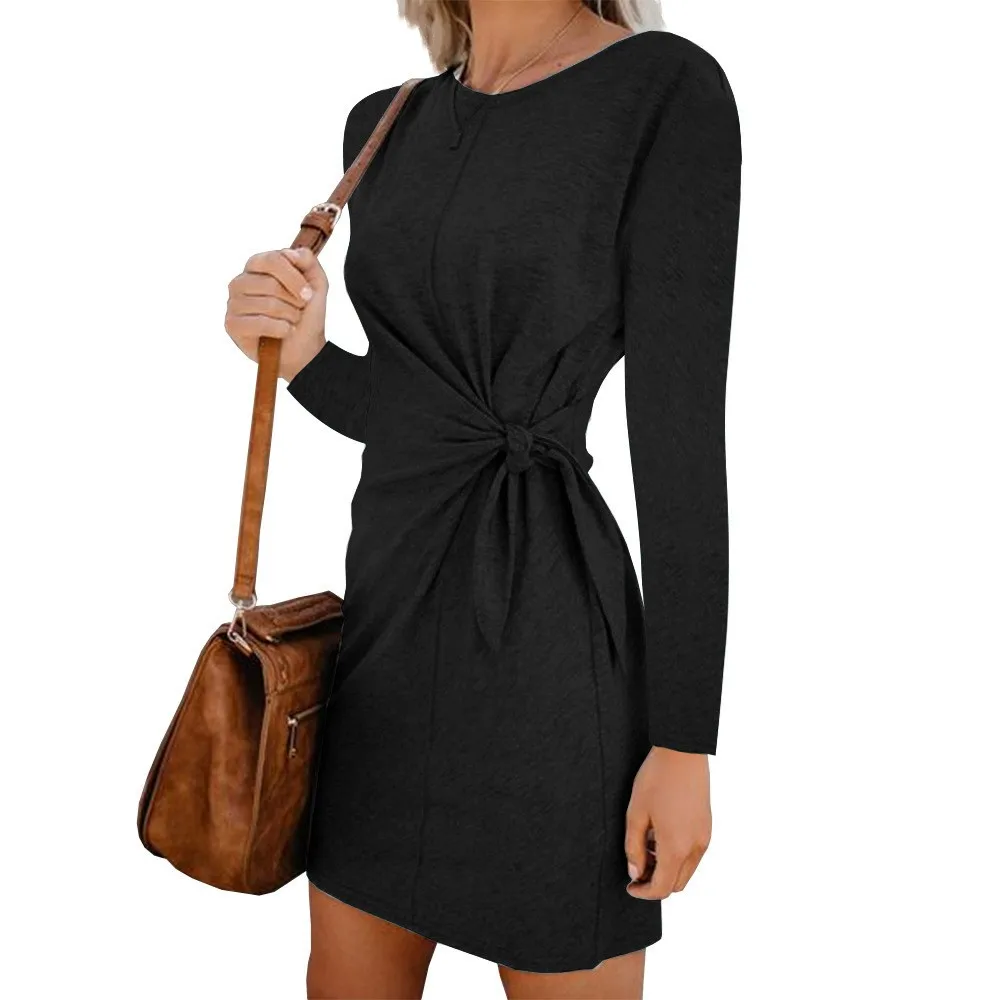 Осенне-зимнее платье женское модное платье с длинным рукавом с круглым вырезом и поясом вечернее платье vestidos дамское однотонное платье-блузка#4 - Цвет: Black