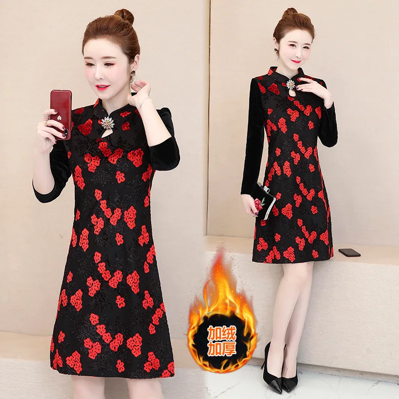 

2019 Autumn And Winter New Style Chinese Style Retro Jacquard Improved Long-sleeved Dress Middle-aged Kuotaitai Chinese-style Ch