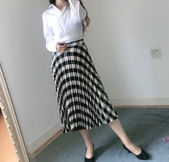 

Plaid Print Womens Midi Skirt Pleated High Waist Lady A-line Lady Long Skirts Wild Stylish