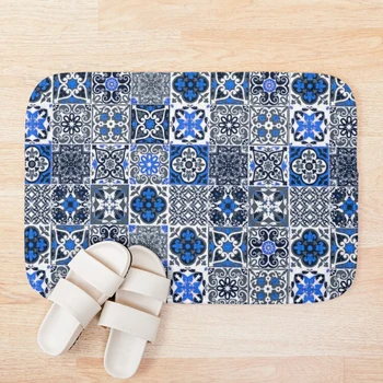 

Blue Traditional Floral Moroccan Tiles. Bath Mat 3d Pattern Print Bath Mats Anti Slip Soft Washable Bathroom Mat