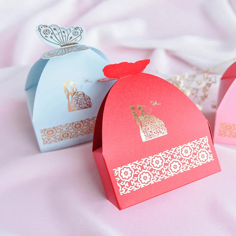 20Pcs European Golden Butterfly Bride and Groom Candy Box Wedding Red Blue Gift Packing Bag Sugar Boxes Party Favour Shower | Дом и сад