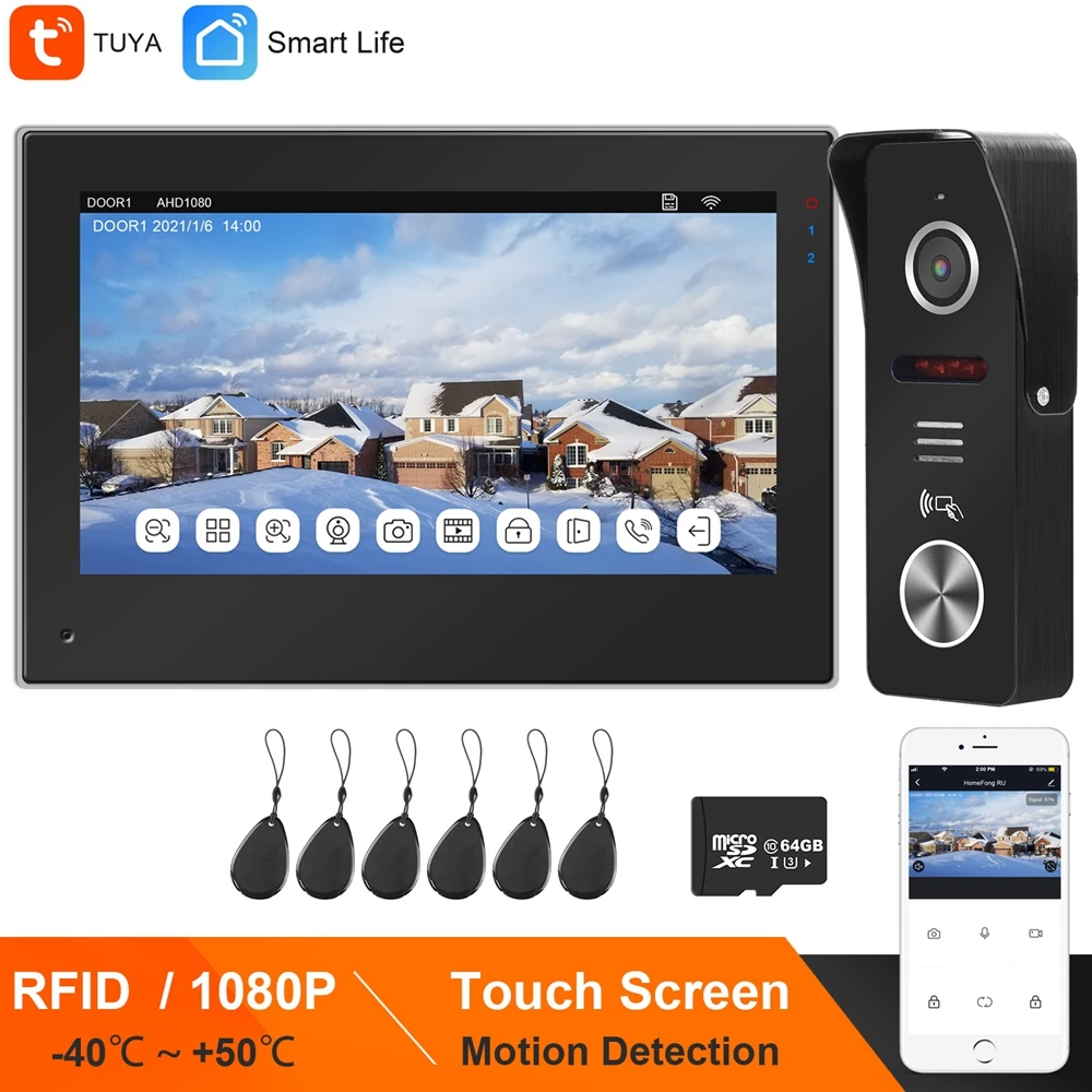 Smart Life-videoportero inalámbrico con WIFI para el hogar, sistema de teléfono de puerta con pantalla táctil, Monitor RFID, timbre, cámara 1080P