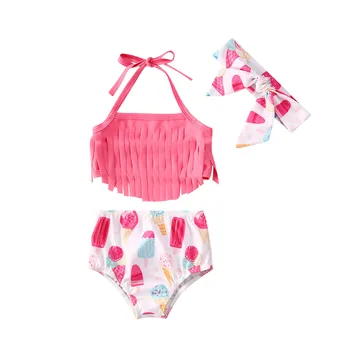 

Toddler Kids Baby Girls Bikini Sets Halter Tassel Vest Tops Ice Cream Shorts Headband Swimwear Girls Beachwear