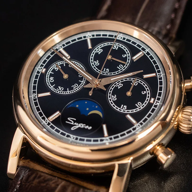 Мужские механические часы хронограф с календарем Moonphase светящиеся