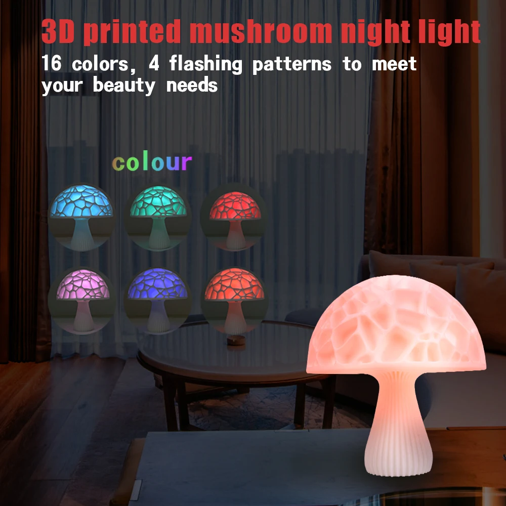 3D Print Moon Light Table Lamp Mushroom Bedside Night With Remote Change Touch Usb Colorful Decor Creative Gift Home Xmas