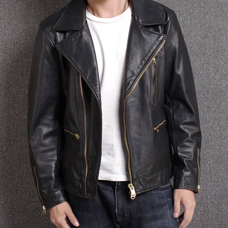 2022 New Men's Vegetable Tanned Sheepskin Motorcycle Leather Jacket Japanese Style Lapel Jacket Slim Short Leather Coat sheepskin coat