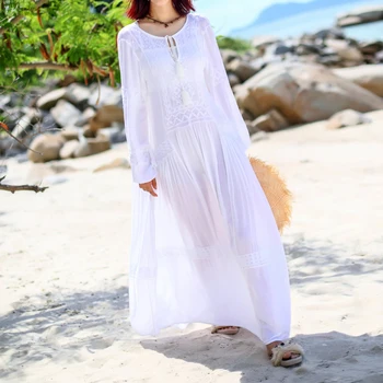 

Women's Summer Long Dresses Boho Embroidery Casual Loose Cotton Ruffles Full Sleeve Maxi White Dress Elegant Clothing 2020 Beach