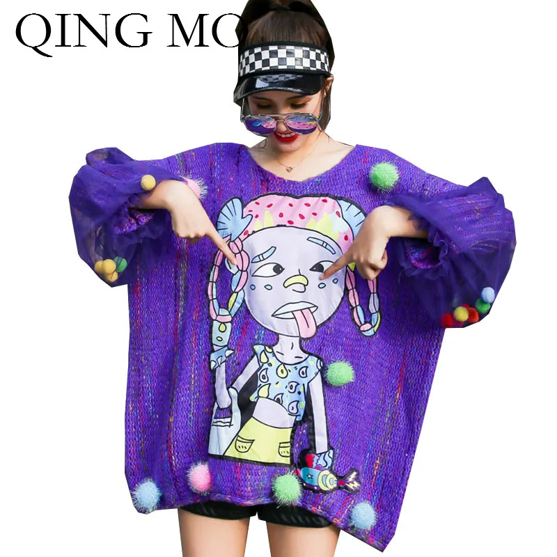 QING MO Purple Women Pullovers Sweater 2020 Cartoon Printed Female Knitted With Colorful Beading ZQY5228 | Женская одежда