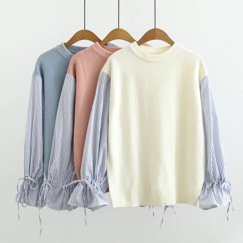 

Winter Autumn Pullover Women Round Collar Long Sleeve Sweater Female Stripe Stitching Sleeves False Two Pieces Loose Top H9460
