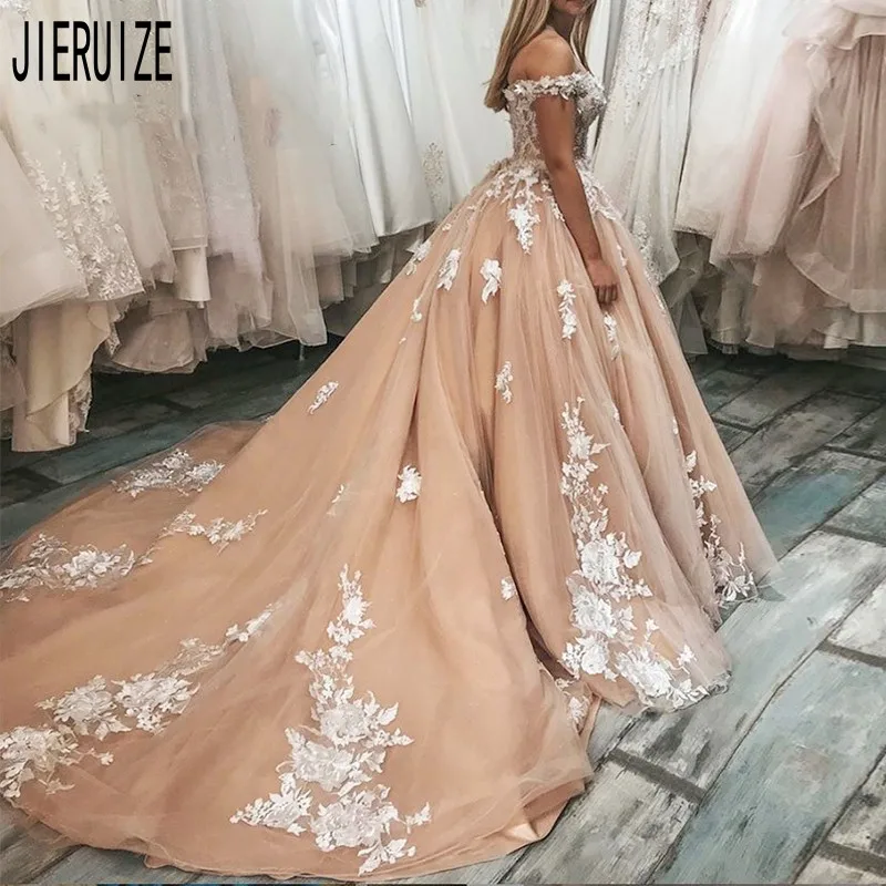 JIERUIZE Пышное Платье со шлейфом Свадебные платья с открытыми плечами кружевные аппликации на шнуровке сзади Свадебные платья цвета шампанского платье невесты robe de mariee