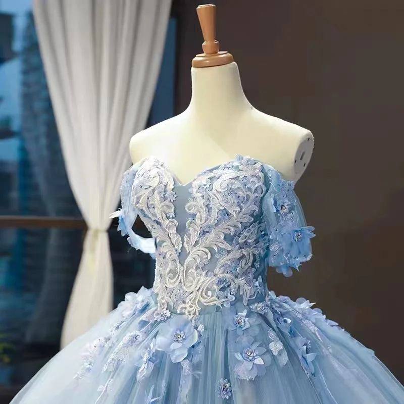 black prom dress Fairy Blue Quinceanera Dresses Off Shoulder Floral Appliques Tulle Princess Ball Gown Prom Party Dresses RS001 pink prom dress