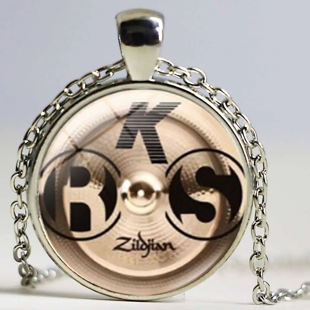 Drummer Cymbals Pendant Glass Cabochon Necklace Mens Fashion Jewelry