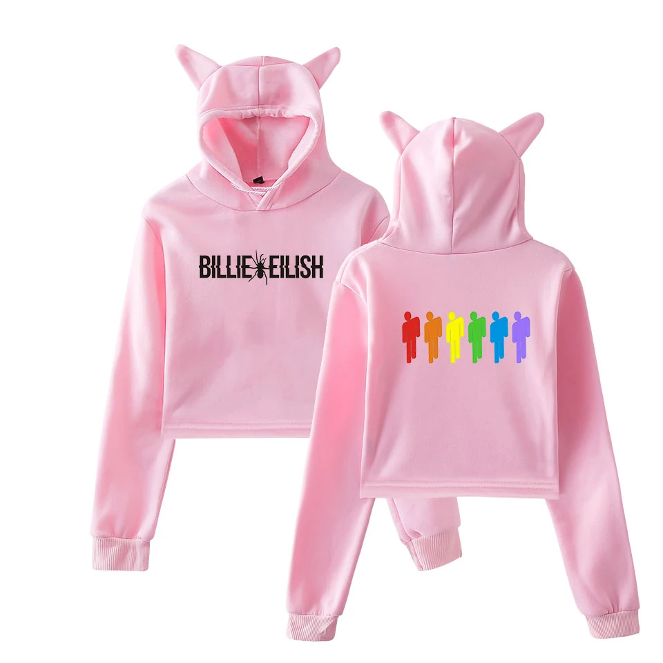 Уличная одежда Billie Eilish модный тренд с кошачьими ушками укороченный топ женские осенние толстовки сексуальные Kpop Harajuku Kawaii милые короткие толстовки - Цвет: Розовый