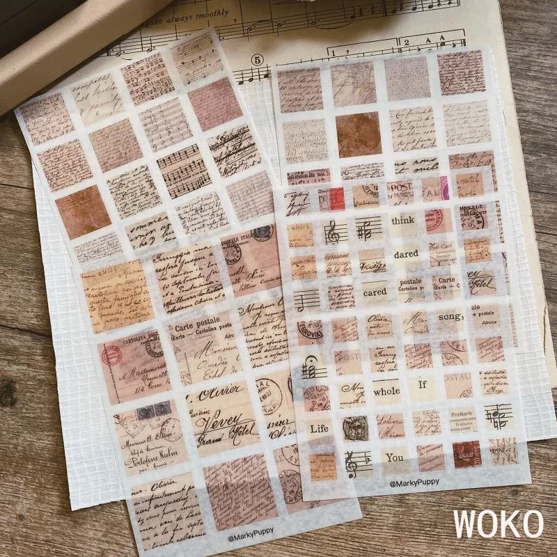 WOKO 4Sheets Retro Stamp Letter Postmark Musical Note Old Handbook Material Deco Die Cut Sticker DIY Bullet Journal Scrapbooking