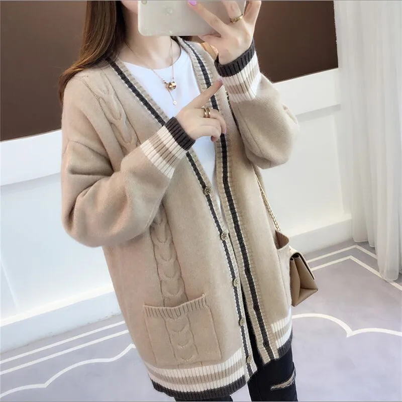 

Knit Cardigan 2019 New Women's Spring And Autumn Jacket Chic Loose Striped Pockets Long Sweater Women's