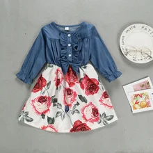 Горячая осень-зима детская одежда для девочек, милые детские джинсовые Цветочный принт платье с длинными рукавами и изображением принцессы милые платья#11